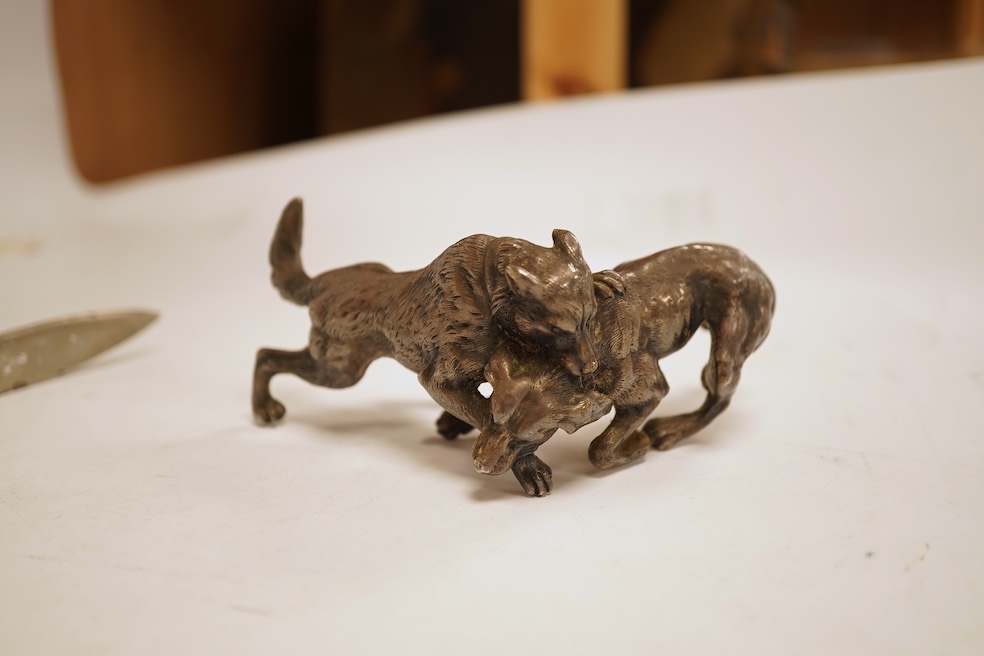 A novelty horse-related cruet stand, a pair of silver mounted horn beakers and three other items